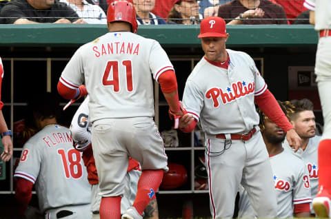 WASHINGTON, DC – MAY 05: Carlos Santana #41 of the Philadelphia Phillies celebrates with manager Gabe Kapler #22 after scoring in the sixth inning against the Washington Nationals at Nationals Park on May 5, 2018 in Washington, DC. (Photo by Greg Fiume/Getty Images)