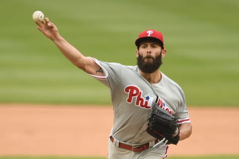 WASHINGTON, DC – MAY 06: Jake Arrieta #49 of the Philadelphia Phillies pitches in the fifth inning during a baseball game against the Washington Nationals at Nationals Park on May 6, 2018 in Washington, DC. (Photo by Mitchell Layton/Getty Images)