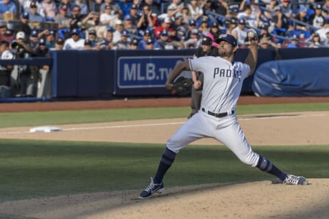 MONTERREY, MEXICO – MAY 06: Relief pitcher Brad Hand #53 of San Diego Padres pitches in the eight inning during the MLB game against the Los Angeles Dodgers at Estadio de Beisbol Monterrey on May 6, 2018 in Monterrey, Mexico. Padres defeated Dodgers 3-0. (Photo by Azael Rodriguez/Getty Images)