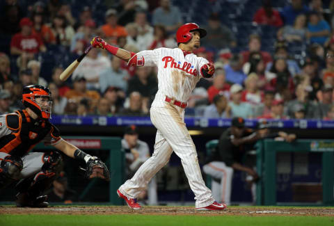 PHILADELPHIA, PA – MAY 07: Cesar Hernandez #16 of the Philadelphia Phillies hits a two-run home run in the fourth inning during a game against the San Francisco Giants at Citizens Bank Park on May 7, 2018 in Philadelphia, Pennsylvania. The Phillies won 11-0. (Photo by Hunter Martin/Getty Images)