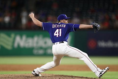 ARLINGTON, TX – MAY 07: Jake Diekman #41 of the Texas Rangers at Globe Life Park in Arlington on May 7, 2018 in Arlington, Texas. (Photo by Ronald Martinez/Getty Images)