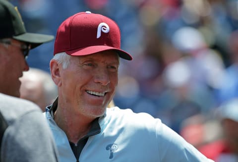 PHILADELPHIA, PA – APRIL 22: Former Philadelphia Phillies third baseman and member of the baseball Hall of Fame, Mike Schmidt engages in conversation on the field before a game between the Pittsburgh Pirates and the Philadelphia Phillies at Citizens Bank Park on April 22, 2018 in Philadelphia, Pennsylvania. The Phillies won 3-2 in 11 innings. (Photo by Hunter Martin/Getty Images) *** Local Caption *** Mike Schmidt