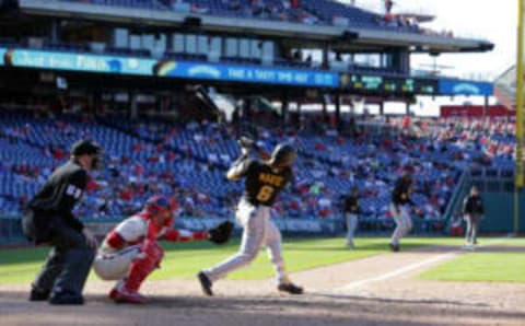 PHILADELPHIA, PA – APRIL 22: Starling Marte #6 of the Pittsburgh Pirates bats during a game against the Philadelphia Phillies at Citizens Bank Park on April 22, 2018 in Philadelphia, Pennsylvania. The Phillies won 3-2 in 11 innings. (Photo by Hunter Martin/Getty Images) *** Local Caption *** Starling Marte