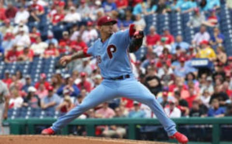 PHILADELPHIA, PA – MAY 10: Starting pitcher Vince Velasquez #28 of the Philadelphia Phillies throws a pitch in the third inning during a game against the San Francisco Giants at Citizens Bank Park on May 10, 2018 in Philadelphia, Pennsylvania. (Photo by Hunter Martin/Getty Images)