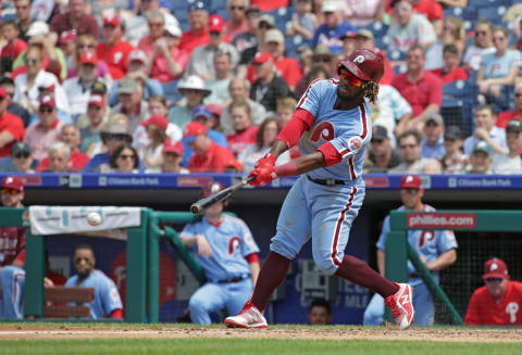 PHILADELPHIA, PA – MAY 10: Odubel Herrera #37 of the Philadelphia Phillies hits an RBI single in the fifth inning during a game against the San Francisco Giants at Citizens Bank Park on May 10, 2018 in Philadelphia, Pennsylvania. The Phillies won 6-3. (Photo by Hunter Martin/Getty Images)