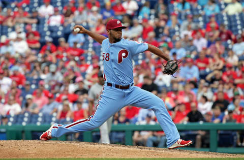 PHILADELPHIA, PA – MAY 10: Seranthony Dominguez #58 of the Philadelphia Phillies throws a pitch in the seventh inning during a game against the San Francisco Giants at Citizens Bank Park on May 10, 2018 in Philadelphia, Pennsylvania. The Phillies won 6-3. (Photo by Hunter Martin/Getty Images)