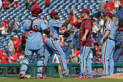 PHILADELPHIA, PA – MAY 10: Hector Neris #50 of the Philadelphia Phillies is congratulated by teammates after saving a game against the San Francisco Giants at Citizens Bank Park on May 10, 2018 in Philadelphia, Pennsylvania. The Phillies won 6-3. (Photo by Hunter Martin/Getty Images)