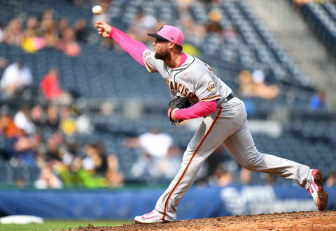 PITTSBURGH, PA – MAY 13: Hunter Strickland #60 of the San Francisco Giants pitches during the ninth inning against the Pittsburgh Pirates at PNC Park on May 13, 2018 in Pittsburgh, Pennsylvania. (Photo by Joe Sargent/Getty Images)