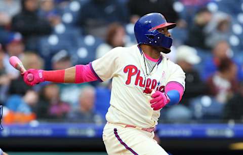 PHILADELPHIA, PA – MAY 13: Carlos Santana #41 of the Philadelphia Phillies hits a home run against the New York Mets in the eighth inning of a game at Citizens Bank Park on May 13, 2018 in Philadelphia, Pennsylvania. The Phillies defeated the Mets 4-2. (Photo by Rich Schultz/Getty Images)