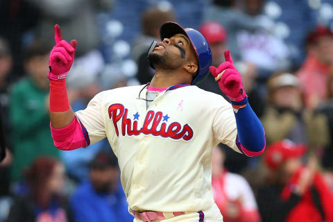 PHILADELPHIA, PA – MAY 13: Carlos Santana #41 of the Philadelphia Phillies reacts after hitting a home run against the New York Mets in the eighth inning of a game at Citizens Bank Park on May 13, 2018 in Philadelphia, Pennsylvania. The Phillies defeated the Mets 4-2. (Photo by Rich Schultz/Getty Images)