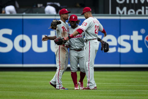 BALTIMORE, MD – MAY 16: Nick Williams #5, Aaron Altherr #23, and Odubel Herrera #37 of the Philadelphia Phillies celebrate after the game against the Baltimore Orioles at Oriole Park at Camden Yards on May 16, 2018 in Baltimore, Maryland. Phillies won 4-1. (Photo by Scott Taetsch/Getty Images)