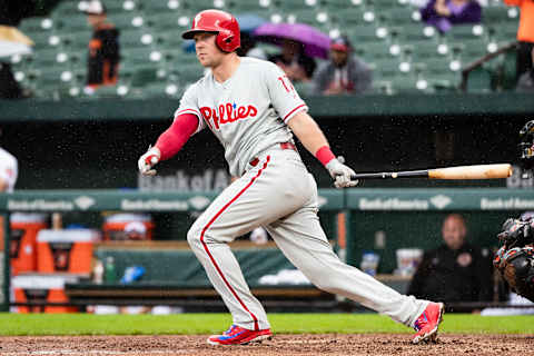 BALTIMORE, MD – MAY 16: Rhys Hoskins #17 of the Philadelphia Phillies hits an RBI double during the seventh inning against the Baltimore Orioles at Oriole Park at Camden Yards on May 16, 2018 in Baltimore, Maryland. (Photo by Scott Taetsch/Getty Images)