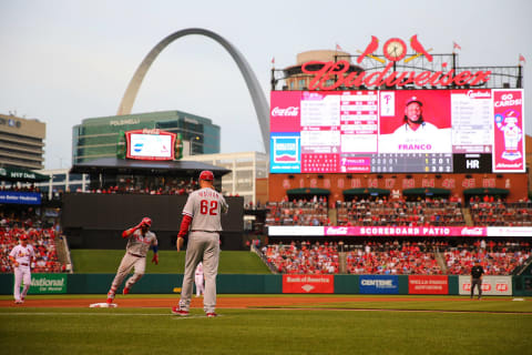 UST. LOUIS, MO – MAY 17: Carlos Santana #41 of the the Philadelphia Phillies rounds third base after hitting a home run against the St. Louis Cardinals in the fifth inning at Busch Stadium on May 17, 2018 in St. Louis, Missouri. (Photo by Dilip Vishwanat/Getty Images)