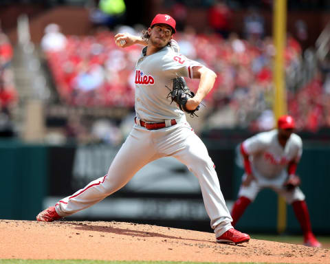 ST. LOUIS, MO – MAY 20: Aaron Nola #27 of the Philadelphia Phillies pitches during the first inning against the St. Louis Cardinals at Busch Stadium on May 20, 2018 in St. Louis, Missouri. (Photo by Scott Kane/Getty Images)