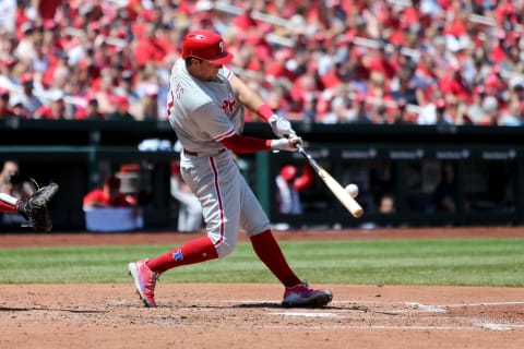 ST. LOUIS, MO – MAY 20: Rhys Hoskins #17 of the Philadelphia Phillies hits a solo home run during the fourth inning against the St. Louis Cardinals at Busch Stadium on May 20, 2018 in St. Louis, Missouri. (Photo by Scott Kane/Getty Images)