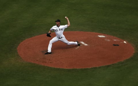 ARLINGTON, TX – MAY 27: Cole Hamels #35 of the Texas Rangers throws against the Kansas City Royals during the fourth inning at Globe Life Park in Arlington on May 27, 2018 in Arlington, Texas. (Photo by Ron Jenkins/Getty Images)