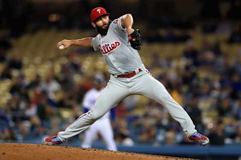 LOS ANGELES, CA – MAY 29: Jake Arrieta #49 of the Philadelphia Phillies pitches during the fifth inning of a game against the Los Angeles Dodgers at Dodger Stadium on May 29, 2018 in Los Angeles, California. (Photo by Sean M. Haffey/Getty Images)