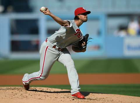 LOS ANGELES, CA – MAY 31: Aaron Nola #27 of the Philadelphia Phillies pitches against the Los Angeles Dodgers in the first inning at Dodger Stadium on May 31, 2018 in Los Angeles, California. (Photo by John McCoy/Getty Images)