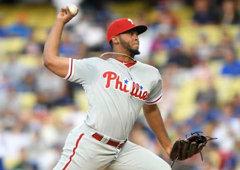 LOS ANGELES, CA – MAY 31: Seranthony Dominguez #58 of the Philadelphia Phillies pitches in the ninth inning in a 2-1 win over the Los Angeles Dodgers at Dodger Stadium on May 31, 2018 in Los Angeles, California. (Photo by John McCoy/Getty Images)