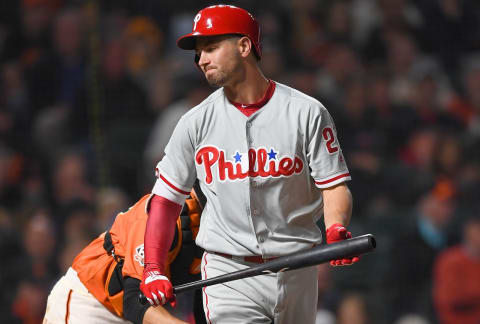 SAN FRANCISCO, CA – JUNE 01: Mitch Walding #29 of the Philadelphia Phillies react after striking out against the San Francisco Giants in the top of the six inning at AT&T Park on June 1, 2018 in San Francisco, California. (Photo by Thearon W. Henderson/Getty Images)