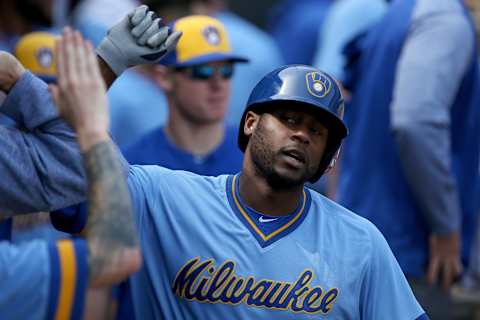 CHICAGO, IL – JUNE 02: Lorenzo Cain #6 of the Milwaukee Brewers celebrates with teammates after hitting a home run in the eighth inning against the Chicago White Sox at Guaranteed Rate Field on June 2, 2018 in Chicago, Illinois. (Photo by Dylan Buell/Getty Images)