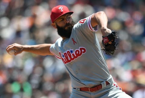 SAN FRANCISCO, CA – JUNE 03: Jake Arrieta #49 of the Philadelphia Phillies pitches against the San Francisco Giants in the bottom of the first inning at AT&T Park on June 3, 2018 in San Francisco, California. (Photo by Thearon W. Henderson/Getty Images)