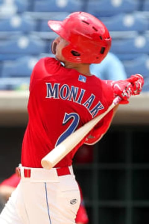 TAMPA, FL – JUNE 03: Mickey Moniak (2) of the Threshers hits his first home run of the season during the Florida State League game between the Florida Fire Frogs and the Clearwater Threshers on June 03, 2018, at Spectrum Field in Clearwater, FL. (Photo by Cliff Welch/Icon Sportswire via Getty Images)