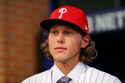 SECAUCUS, NJ – JUNE : Alec Bohm who selected third overall in the 2018 MLB Draft by the Philadelphia Phillies looks on during the 2018 Major League Baseball Draft at Studio 42 at the MLB Network on Monday, June 4, 2018 in Secaucus, New Jersey. (Photo by Alex Trautwig/MLB via Getty Images)