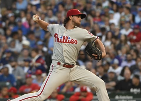 CHICAGO, IL – JUNE 06: Aaron Nola #27 of the Philadelphia Phillies pitches against the Chicago Cubs during the first inning on June 6, 2018 at Wrigley Field in Chicago, Illinois. (Photo by David Banks/Getty Images)