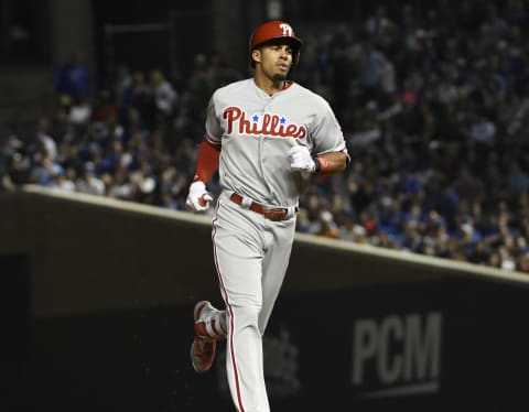 CHICAGO, IL – JUNE 06: Aaron Altherr #23 of the Philadelphia Phillies runs the bases after hitting a three-run homer against the Chicago Cubs during the sixth inning on June 6, 2018 at Wrigley Field in Chicago, Illinois. (Photo by David Banks/Getty Images)