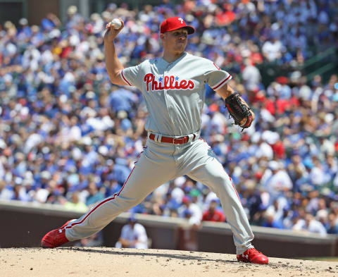 CHICAGO, IL – JUNE 07: Starting pitcher Nick Pivetta #43 of the Philadelphia Phillies delivers the ball against the Chicago Cubs at Wrigley Field on June 7, 2018 in Chicago, Illinois. (Photo by Jonathan Daniel/Getty Images)