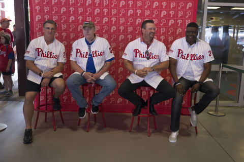 PHILADELPHIA, PA – JUNE 9: (L-R) Former Philadelphia Phillies pitchers Danny Jackson, Curt Schilling, Tommy Greene, and Ben Rivera pose for a picture prior to the game against the Milwaukee Brewers at Citizens Bank Park on June 9, 2018 in Philadelphia, Pennsylvania. (Photo by Mitchell Leff/Getty Images)