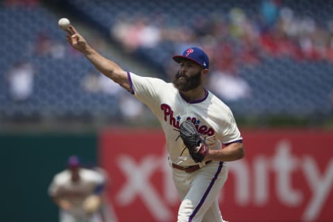 PHILADELPHIA, PA – JUNE 9: Jake Arrieta #49 of the Philadelphia Phillies throws a pitch in the top of the first inning against the Milwaukee Brewers at Citizens Bank Park on June 9, 2018 in Philadelphia, Pennsylvania. (Photo by Mitchell Leff/Getty Images)