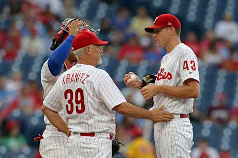 PHILADELPHIA, PA – JUNE 13: Starting pitcher Nick Pivetta #43 of the Philadelphia Phillies speaks with pitching coach Rick Kranitz #39 in the first inning during a game against the Colorado Rockies at Citizens Bank Park on June 13, 2018 in Philadelphia, Pennsylvania. The Rockies won 7-2. (Photo by Hunter Martin/Getty Images)