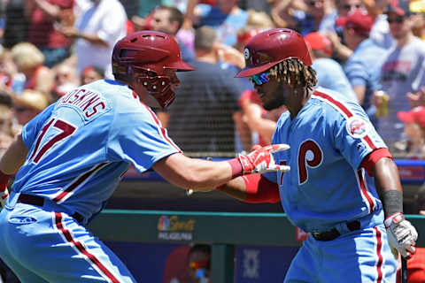 PHILADELPHIA, PA – JUNE 14: Rhys Hoskins #17 and Odubel Herrera #37 of the Philadelphia Phillies celebrate a first inning home run by Hoskins against the Colorado Rockies at Citizens Bank Park on June 14, 2018 in Philadelphia, Pennsylvania. (Photo by Drew Hallowell/Getty Images)