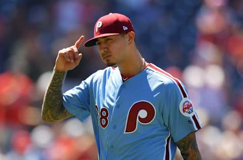 PHILADELPHIA, PA – JUNE 14: Vince Velasquez #28 of the Philadelphia Phillies acknowledges the crowd after coming out of the game in the seventh inning against the Colorado Rockies at Citizens Bank Park on June 14, 2018 in Philadelphia, Pennsylvania. (Photo by Drew Hallowell/Getty Images)