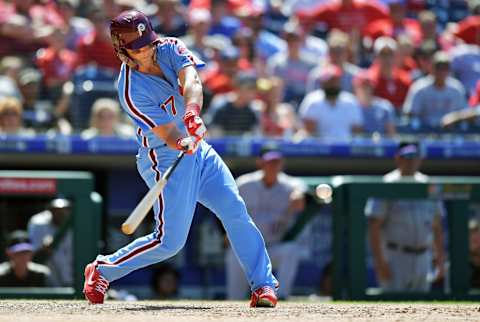 PHILADELPHIA, PA – JUNE 14: Rhys Hoskins #17 of the Philadelphia Phillies hits an RBI double in seventh inning against the Colorado Rockies at Citizens Bank Park on June 14, 2018 in Philadelphia, Pennsylvania. (Photo by Drew Hallowell/Getty Images)