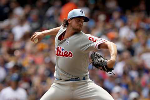 MILWAUKEE, WI – JUNE 17: Aaron Nola #27 of the Philadelphia Phillies pitches in the second inning against the Milwaukee Brewers at Miller Park on June 17, 2018 in Milwaukee, Wisconsin. (Photo by Dylan Buell/Getty Images)