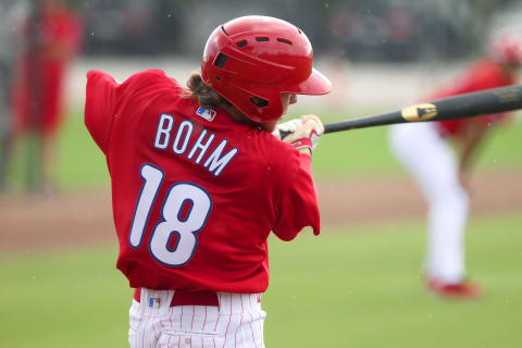 Clearwater, FL – JUN 19: Alec Bohm (18) of the Phillies swings during the Gulf Coast League (GCL) game between the GCL Yankees East and the GCL Phillies West on June 19, 2018, at the Carpenter Complex in Clearwater, FL. (Photo by Cliff Welch/Icon Sportswire via Getty Images)