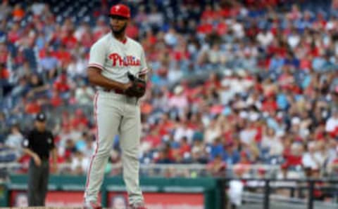 WASHINGTON, DC – JUNE 23 : Pitcher Seranthony Dominguez #58 of the Philadelphia Phillies throws to a Washington Nationals batter in the ninth inning at Nationals Park on June 23, 2018 in Washington, DC. (Photo by Rob Carr/Getty Images)