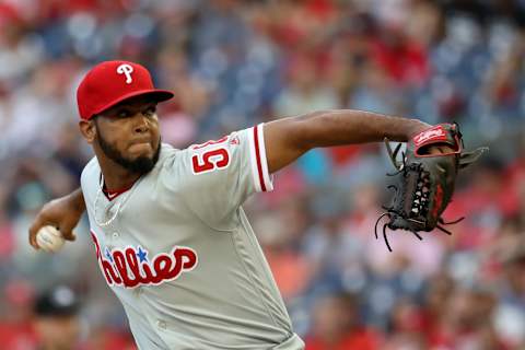 WASHINGTON, DC – JUNE 23 : Pitcher Seranthony Dominguez #58 of the Philadelphia Phillies throws to a Washington Nationals batter in the ninth inning at Nationals Park on June 23, 2018 in Washington, DC. (Photo by Rob Carr/Getty Images)