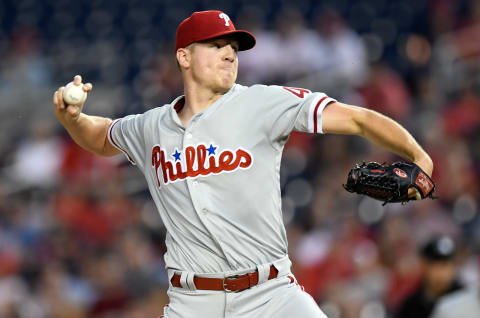 WASHINGTON, DC – JUNE 24: Nick Pivetta #43 of the Philadelphia Phillies pitches in the first inning against the Washington Nationals at Nationals Park on June 24, 2018 in Washington, DC. (Photo by Greg Fiume/Getty Images)