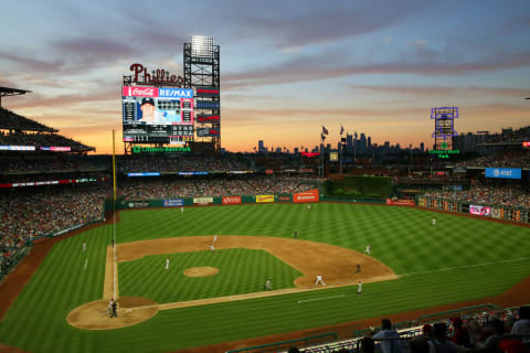 PHILADELPHIA, PA – JUNE 25: A view of the field at sunset in the fifth inning during a game between the New York Yankees and the Philadelphia Phillies at Citizens Bank Park on June 25, 2018 in Philadelphia, Pennsylvania. The Yankees won 4-2. (Photo by Hunter Martin/Getty Images)