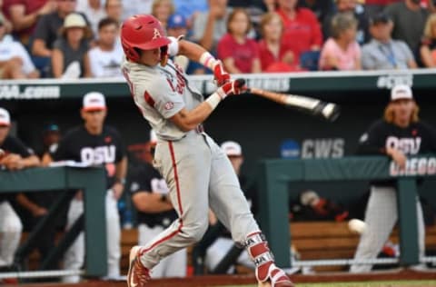 Infielder Casey Martin #15 of the Arkansas Razorbacks (Photo by Peter Aiken/Getty Images)