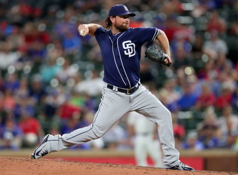 ARLINGTON, TX – JUNE 26: Kirby Yates #39 of the San Diego Padres pitches against the Texas Rangers in the bottom of the eighth inning at Globe Life Park in Arlington on June 26, 2018 in Arlington, Texas. (Photo by Tom Pennington/Getty Images)