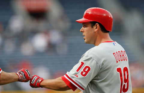 ATLANTA – APRIL 22: Greg Dobbs #19 of the Philiadelphia Phillies reacts after scoring the first run against the Atlanta Braves at Turner Field on April 22, 2010 in Atlanta, Georgia. (Photo by Kevin C. Cox/Getty Images)