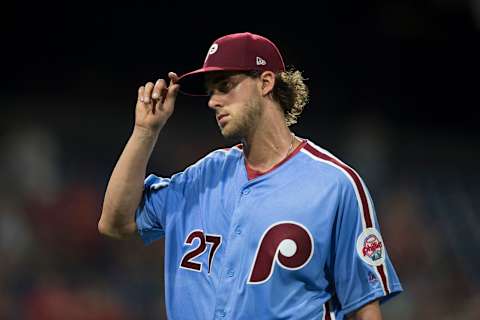 PHILADELPHIA, PA – JUNE 28: Aaron Nola #27 of the Philadelphia Phillies tips his hat to the crowd after being taken out of the game in the top of the eighth inning against the Washington Nationals at Citizens Bank Park on June 28, 2018 in Philadelphia, Pennsylvania. The Phillies defeated the Nationals 4-3. (Photo by Mitchell Leff/Getty Images)