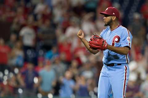 PHILADELPHIA, PA – JUNE 28: Seranthony Dominguez #58 of the Philadelphia Phillies reacts after recording the last out of the game against the Washington Nationals at Citizens Bank Park on June 28, 2018 in Philadelphia, Pennsylvania. The Phillies defeated the Nationals 4-3. (Photo by Mitchell Leff/Getty Images)