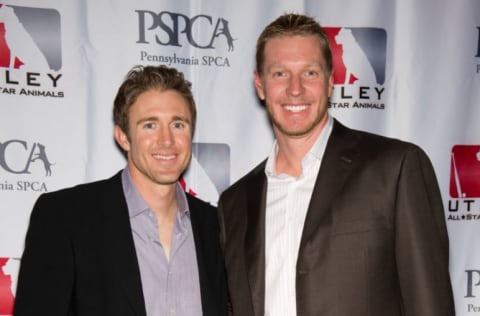 PHILADELPHIA – APRIL 29: Chase Utley #26 and Roy Halladay #34 of the Philadelphia Phillies attend the 3rd Annual Utley All-Stars Animal Casino Night to benefit the Pennsylvania SPCA at The Electric Factory on April 29, 2010 in Philadelphia, Pennsylvania. (Photo by Gilbert Carrasquillo/Getty Images)