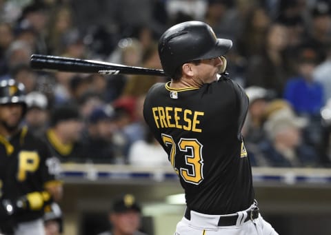 SAN DIEGO, CA – JUNE 30: David Freese #23 of the Pittsburgh Pirates hits a double during the sixth inning of a baseball game against the San Diego Padres at PETCO Park on June 30, 2018 in San Diego, California. (Photo by Denis Poroy/Getty Images)